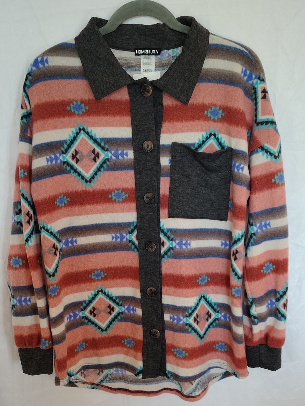 HEIMISH USA Coral Teal Aztec Button-Front Shirt Jacket